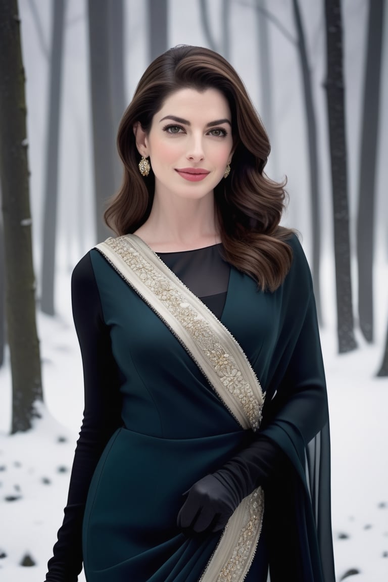 craft a hyper realistic vertical photo of anne hathway, attractive woman in her 40s, sleek, highly detailed, formal,  determined, colorized, smooth, charming, pretty, soft smile, soft lips, black eyes, black saree,  on knees, winter forest, snow wind, cold atmosphere,