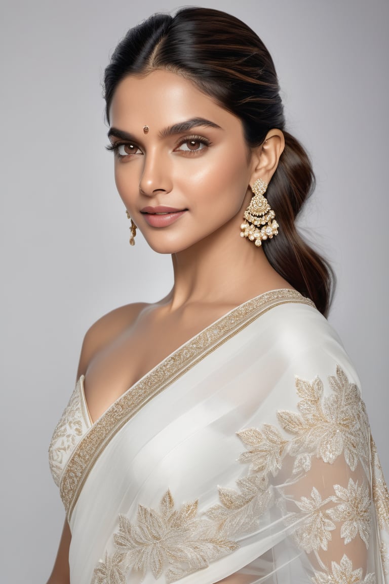 Here is an 8K HDR portrait of Deepika Padukone:

Deepika Padukone stands confidently in front of a crisp white background, her stunning saree flowing elegantly around her curvaceous figure. The fabric drapes beautifully, emphasizing her 36D bust. Soft, warm light wraps around her face, accentuating the definition of her features. Subtle film grain adds texture reminiscent of Fujifilm XT3's signature aesthetic. Her sparkling eyes shine with joy, perfectly symmetrical and framed by luscious lashes. Her skin tone is soft and natural, with a subtle glow that complements her radiant smile.