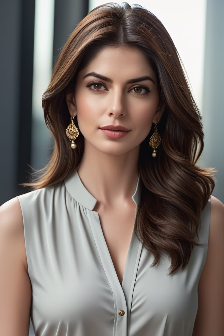 craft a hyper realistic vertical photo of Indian most attractive serious woman in her 30s in sun-shirt Dresses, trending on artstation, portrait, digital art, modern, sleek, highly detailed, formal, serious, determined, CEO, colorized, smooth, charming, pretty, soft smile, soft lips, black eyes, Trendsetter wolf cut brown hair, anne hathway,