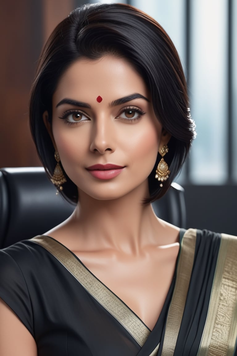 create a hyper realistic vertical photo of Indian most attractive woman in her 40s, Trendsetter wolf cut black hair, trending on artstation, portrait, digital art, modern, sleek, highly detailed, formal, determined, wearing saree, in luxurious office, 36D , fairy tone, fair skin, flirty gaze, anne hathway