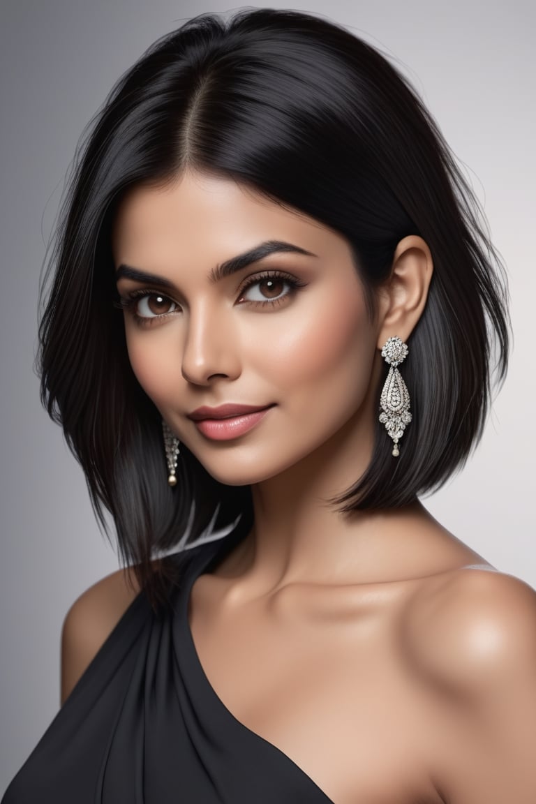 create a hyper realistic vertical photo of most attractive Indian woman in her 40s, Trendsetter wolf cut black hair, trending on artstation, portrait, digital art, modern, sleek, highly detailed, formal, determined, 36D ,  fairy tone, saree, navel show, Victoria Justice


