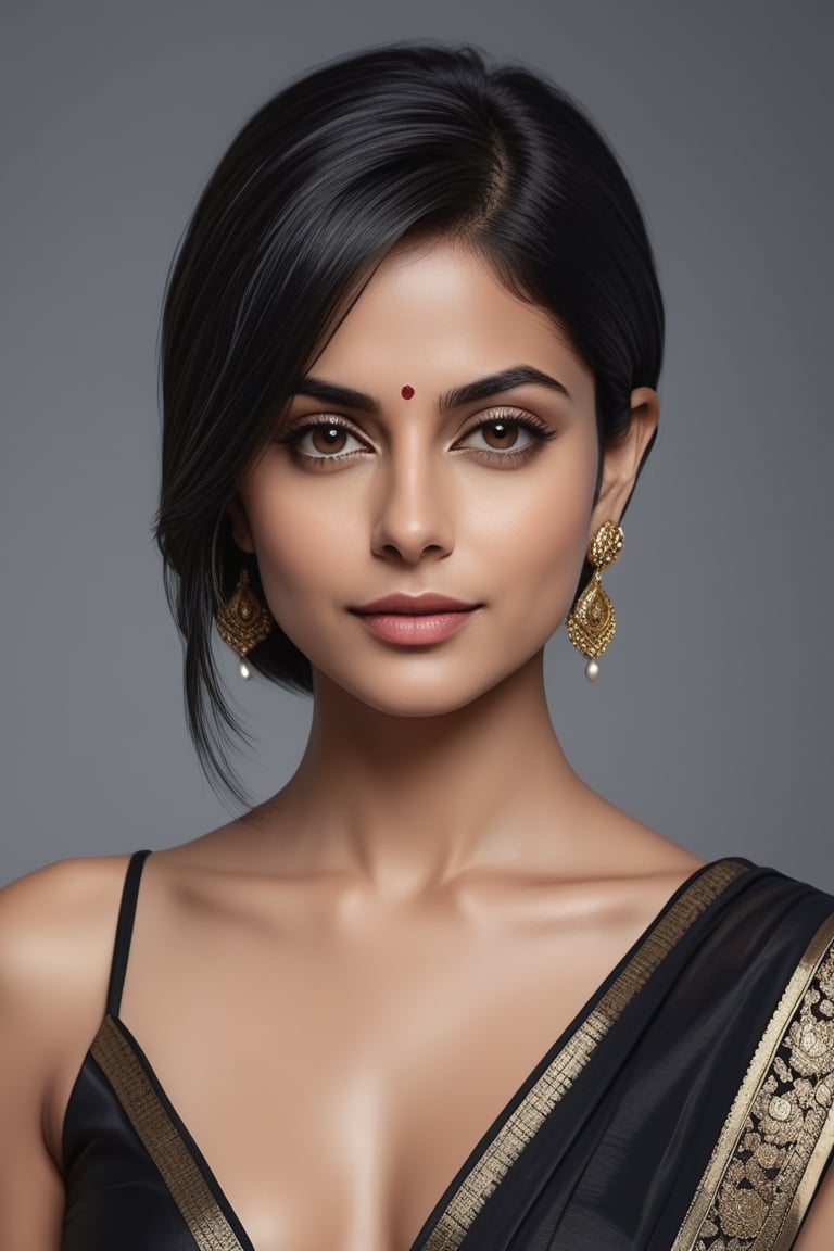 create a hyper realistic vertical photo of most attractive Indian woman in her 40s, Trendsetter wolf cut black hair, trending on artstation, portrait, digital art, modern, sleek, highly detailed, formal, determined, 36D ,  fairy tone, saree, navel show, Willa Holland


