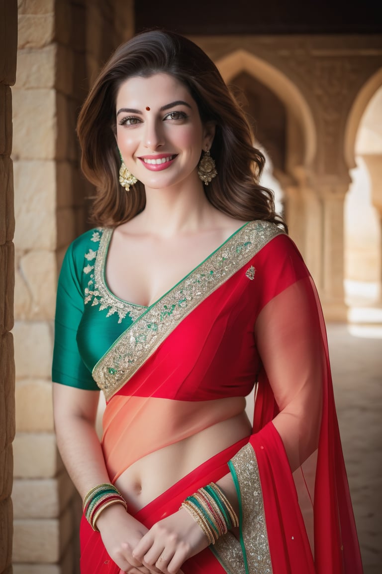 a breathtakingly happy beautiful Lebanon woman Anne hathway, saree, 36D, plus size brest, navel show, perfect symmetric eyes, natural skin texture, hyperrealism, soft light, sharp, 8k hdr, dslr, high contrast, cinematic lighting, high quality, film grain, Fujifilm XT3