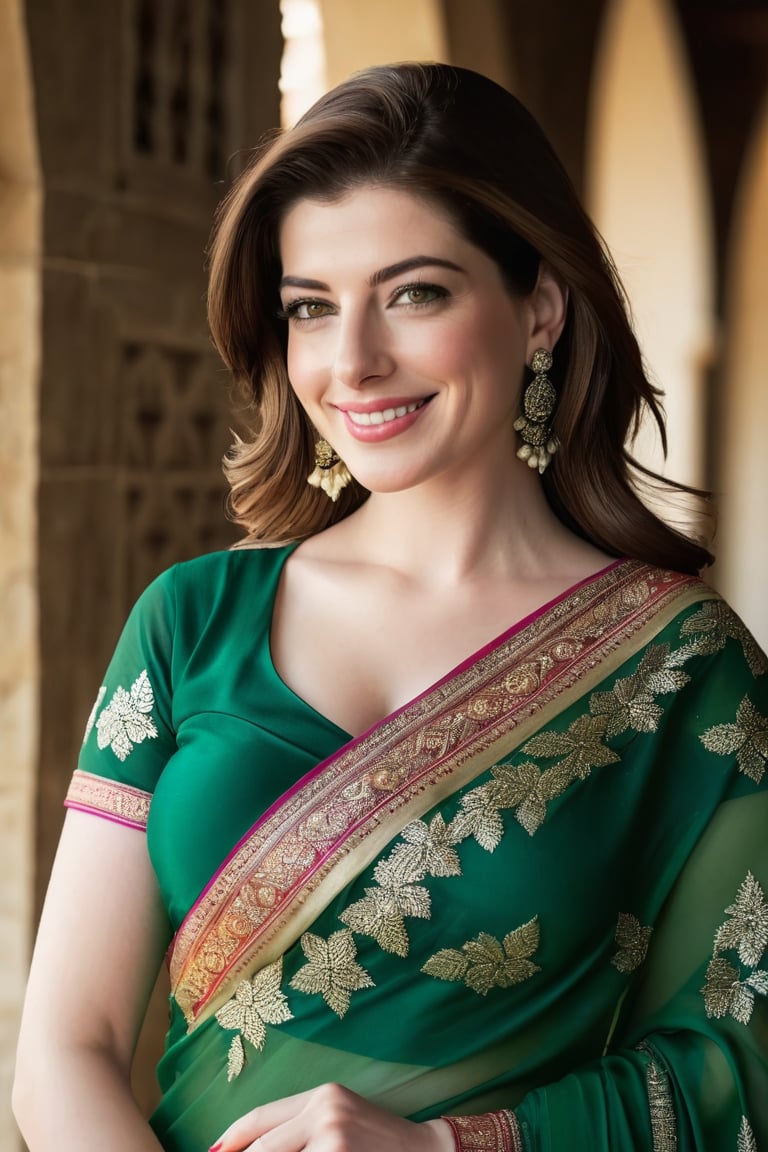 a breathtakingly happy beautiful Lebanon woman Anne hathway, saree, 36D, plus size brest, navel show, perfect symmetric eyes, natural skin texture, hyperrealism, soft light, sharp, 8k hdr, dslr, high contrast, cinematic lighting, high quality, film grain, Fujifilm XT3