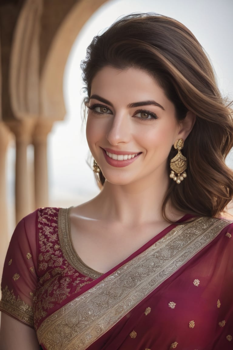 a breathtakingly happy beautiful Lebanon woman Anne hathway, saree, 36D, plus size brest, navel show, perfect symmetric eyes, natural skin texture, hyperrealism, soft light, sharp, 8k hdr, dslr, high contrast, cinematic lighting, high quality, film grain, Fujifilm XT3