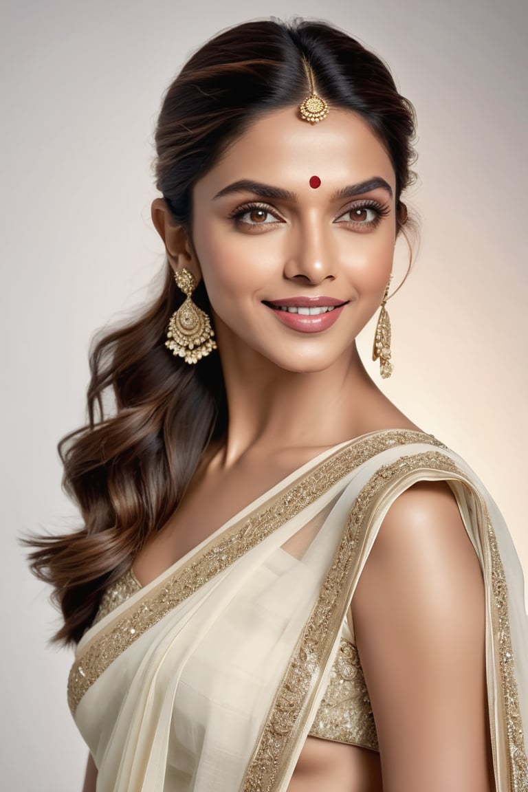 A breathtaking portrait of Deepika Padukone: a beaming Indian woman poses confidently against a pristine white background, her stunning saree elegantly draping her curvy figure. Her sparkling eyes, framed by lush lashes, radiate joy on her smooth, natural-toned skin. Soft light caresses her face, accentuating features. Shot in 8K HDR on a DSLR, the image boasts cinematic lighting with subtle film grain, reminiscent of Fujifilm XT3's signature aesthetic.