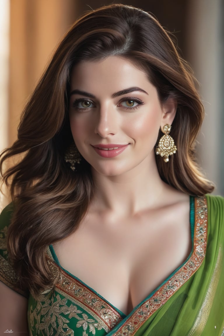 a breathtakingly happy beautiful Lebanon woman Anne hathway, saree, 36D, plus size brest, navel show, perfect symmetric eyes, natural skin texture, hyperrealism, soft light, sharp, 8k hdr, dslr, high contrast, cinematic lighting, high quality, film grain, Fujifilm XT3