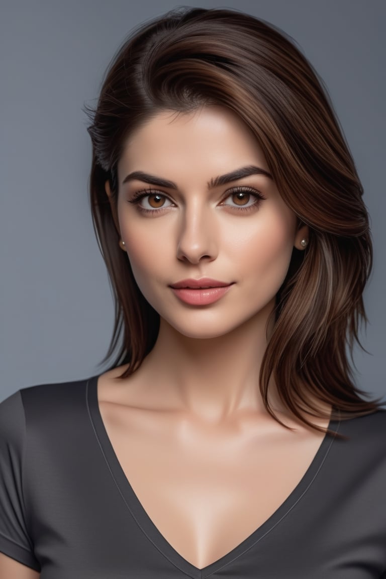 craft a hyper realistic vertical photo of Indian most attractive serious woman in her 30s in T-shirt Dresses, trending on artstation, portrait, digital art, modern, sleek, highly detailed, formal, serious, determined, CEO, colorized, smooth, charming, pretty, soft smile, soft lips, black eyes, Trendsetter wolf cut brown hair, anne hathway,