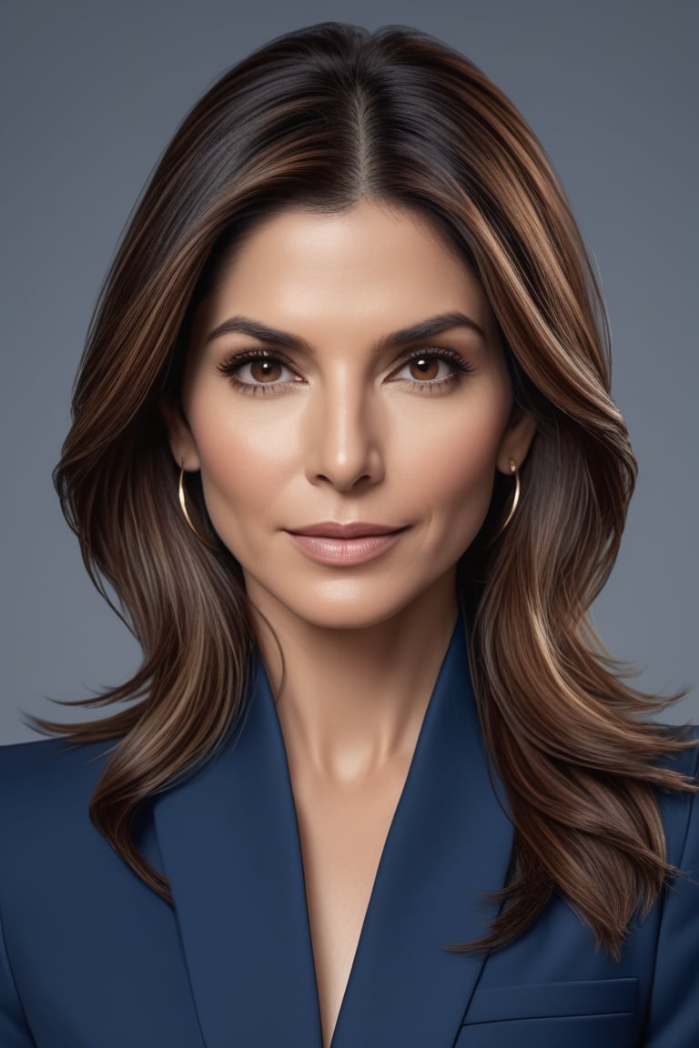 create a hyper realistic vertical photo of Indian most attractive woman in her 40s, ight brown hair, trending on artstation, portrait, digital art, modern, sleek, highly detailed, formal, determined, blue business suit, 36D ,  fairy tone, sandra bullock
