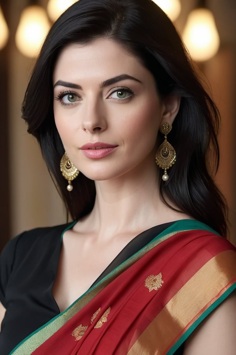 create a hyper realistic vertical photo of Caucasian most attractive woman in her 30s, Trendsetter wolf cut black hair, trending on artstation, portrait,perfect symmetric eyes, natural skin texture, hyperrealism, soft light, sharp, 8k hdr, dslr, high contrast, cinematic lighting, high quality, film grain, Fujifilm XT3, wearing saree, no blouse, in luxurious Villa, 36D , fairy tone, fair skin, flirty gaze, anne hathway