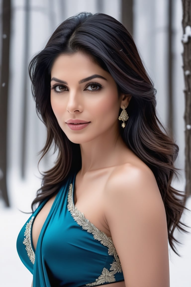 craft a hyper realistic vertical photo of Indian most attractive serious woman in her 30s, sleek, highly detailed, formal,  determined, colorized, smooth, charming, pretty, soft smile, soft lips, black eyes, Blue bikini, 25 year woman, on knees, winter forest, snow wind, cold atmosphere, shot from front, side view, anne hathway, create a hyper realistic vertical photo of Indian most attractive woman in her 30s, Trendsetter wolf cut black hair, trending on artstation, portrait, digital art, modern, sleek, highly detailed, formal, determined, 36D ,  fairy tone, black transparent saree,  Sandra Bullock