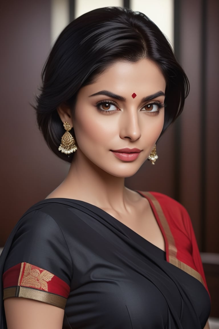 create a hyper realistic vertical photo of Indian most attractive woman in her 40s, Trendsetter wolf cut black hair, trending on artstation, portrait, digital art, modern, sleek, highly detailed, formal, determined, wearing saree, in luxurious office, 36D , fairy tone, fair skin, flirty gaze, anne hathway