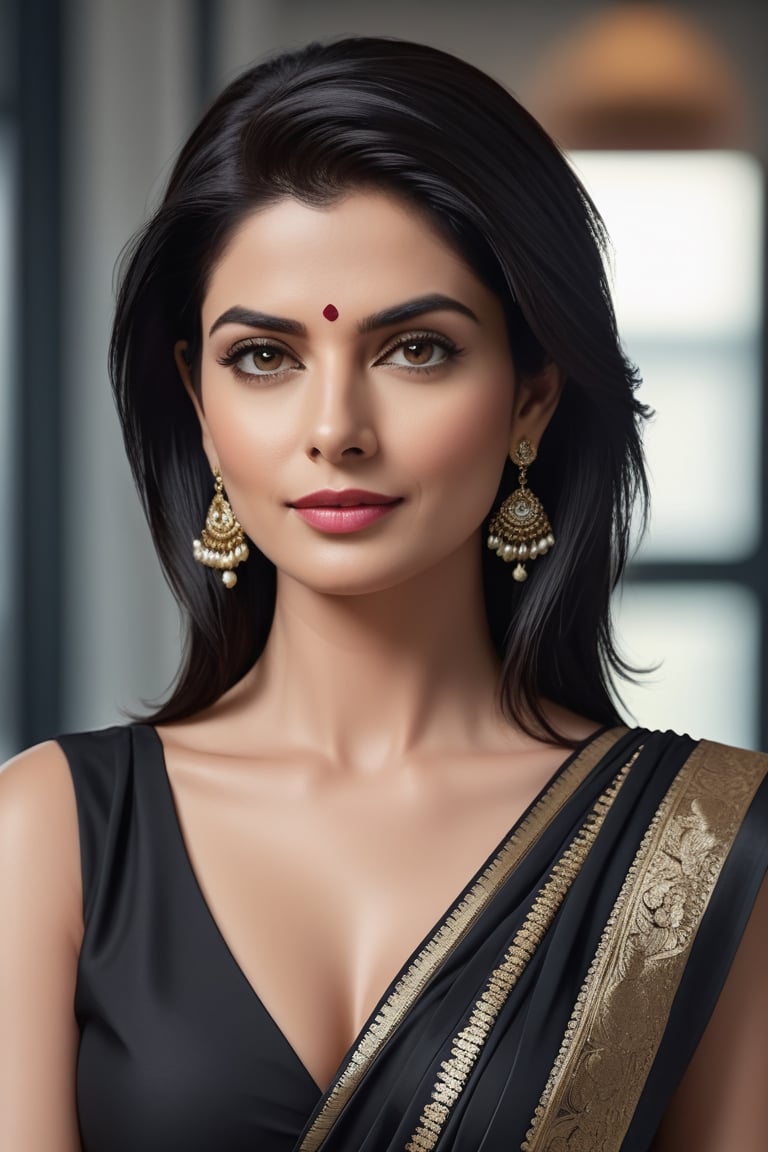 create a hyper realistic vertical photo of Indian most attractive woman in her 40s, Trendsetter wolf cut black hair, trending on artstation, portrait, digital art, modern, sleek, highly detailed, formal, determined, wearing saree, in luxurious office, 36D , fairy tone, fair skin, flirty gaze, anne hathway