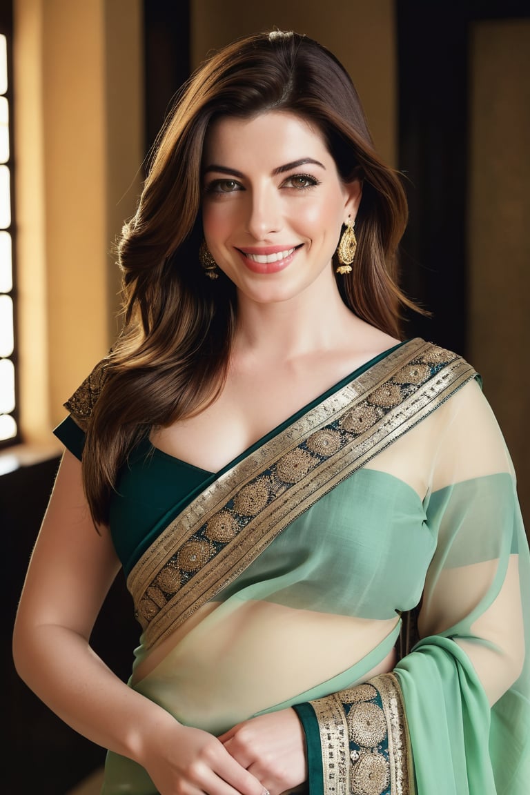 a breathtakingly happy beautiful Lebanon woman Anne hathway, saree, 36D, plus size brest, navel show, perfect symmetric eyes, natural skin texture, hyperrealism, soft light, sharp, 8k hdr, dslr, high contrast, cinematic lighting, high quality, film grain, Fujifilm XT3