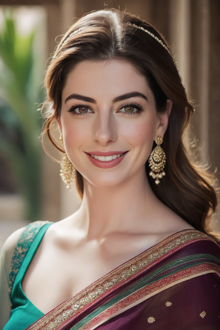 a breathtakingly happy beautiful Lebanon woman Anne hathway, saree, 36D, plus size brest, navel show, perfect symmetric eyes, natural skin texture, hyperrealism, soft light, sharp, 8k hdr, dslr, high contrast, cinematic lighting, high quality, film grain, Fujifilm XT3