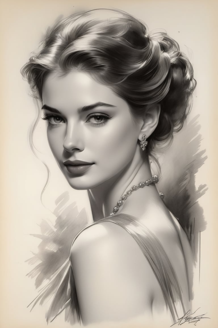 portrait of a beautiful Russian woman, Anne hathway, Harrison Fisher, charcoal art, black charcoal
on antique paper, intricate details, ultra high quality model, masterpiece, sharp focus, depth of field, unreal engine