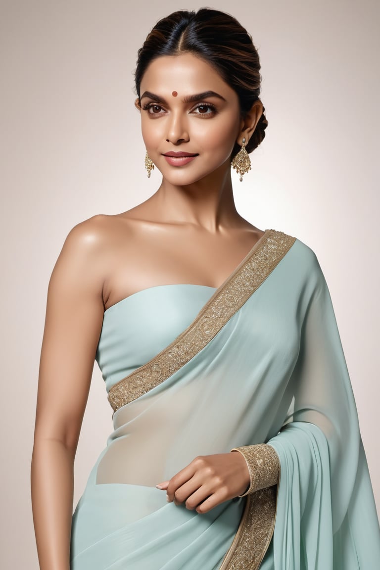 Here is an 8K HDR portrait of Deepika Padukone:

Deepika Padukone stands confidently in front of a crisp white background, her stunning saree flowing elegantly around her curvaceous figure. The fabric drapes beautifully, emphasizing her 36D bust. Soft, warm light wraps around her face, accentuating the definition of her features. Subtle film grain adds texture reminiscent of Fujifilm XT3's signature aesthetic. Her sparkling eyes shine with joy, perfectly symmetrical and framed by luscious lashes. Her skin tone is soft and natural, with a subtle glow that complements her radiant smile.