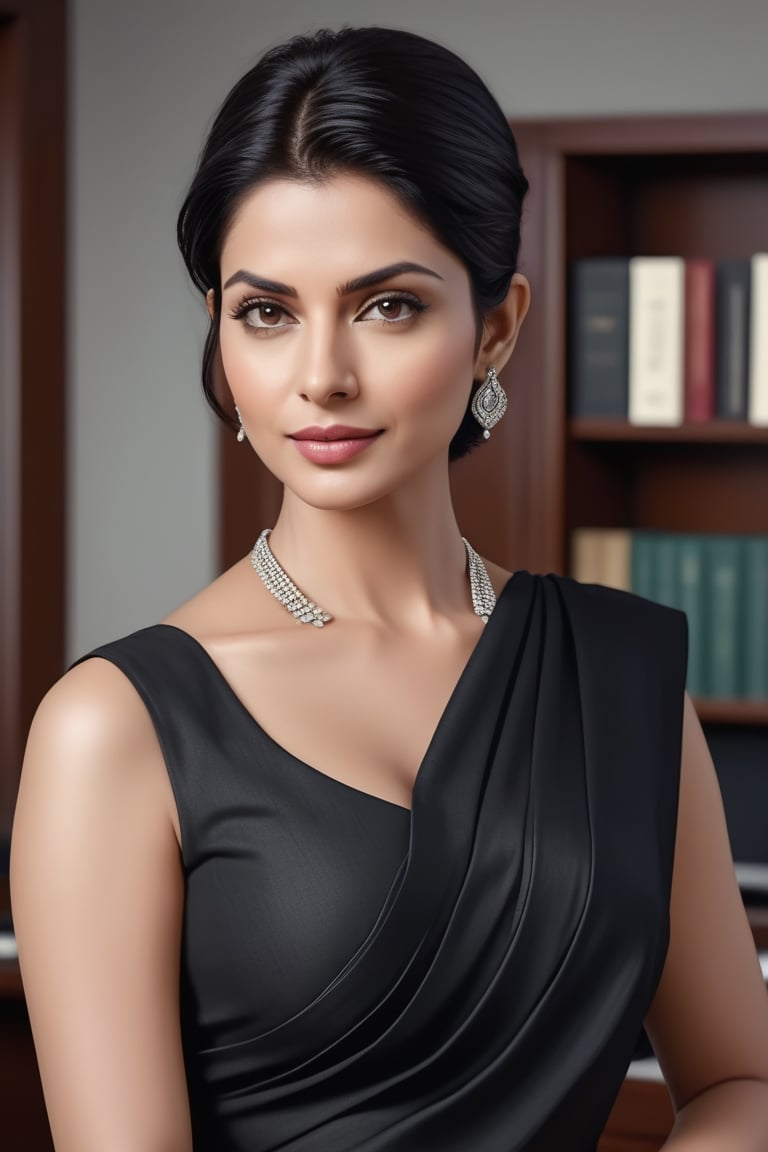 create a hyper realistic vertical photo of Indian most attractive woman in her 40s, Trendsetter wolf cut black hair, trending on artstation, portrait, digital art, modern, sleek, highly detailed, formal, determined, wearing saree, no blouse, in luxurious office, 36D , fairy tone, fair skin, flirty gaze, anne hathway