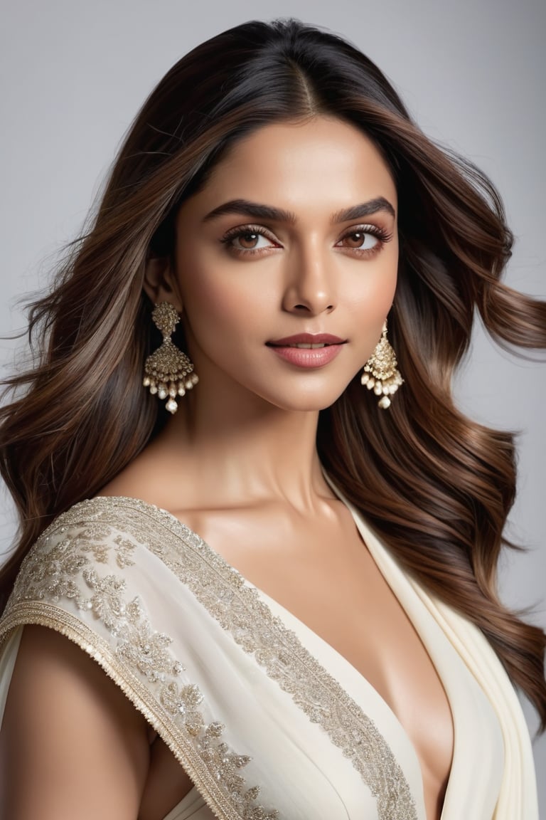 Here is an 8K HDR portrait of Deepika Padukone:

Deepika Padukone stands confidently in front of a crisp white background, her stunning saree flowing elegantly around her curvaceous figure. The fabric drapes beautifully, emphasizing her 36D bust. Soft, warm light wraps around her face, accentuating the definition of her features. Subtle film grain adds texture reminiscent of Fujifilm XT3's signature aesthetic. Her sparkling eyes shine with joy, perfectly symmetrical and framed by luscious lashes. Her skin tone is soft and natural, with a subtle glow that complements her radiant smile.