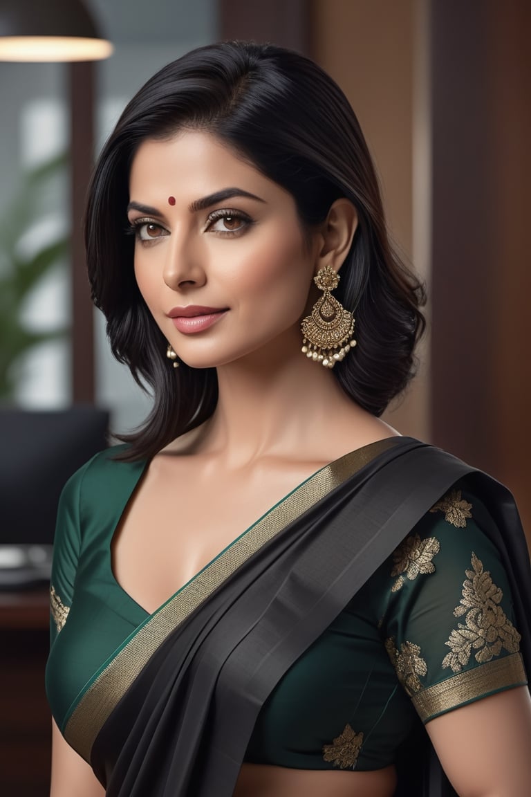 create a hyper realistic vertical photo of Indian most attractive woman in her 40s, Trendsetter wolf cut black hair, trending on artstation, portrait, digital art, modern, sleek, highly detailed, formal, determined, wearing saree, in luxurious office, 36D , fairy tone, fair skin, flirty gaze, anne hathway