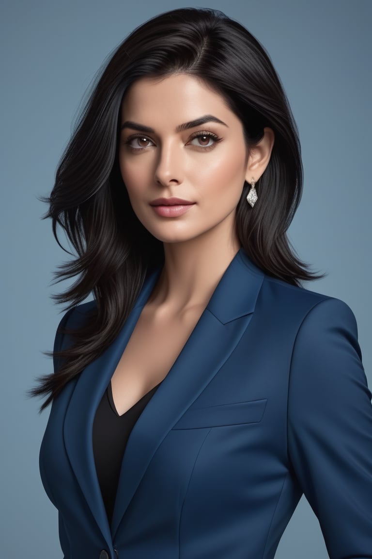 create a hyper realistic vertical photo of Indian most attractive woman in her 40s, Trendsetter wolf cut black hair, , trending on artstation, portrait, digital art, modern, sleek, highly detailed, formal, determined, blue business suit, 36D ,  fairy tone, fair skin, anne hathway
