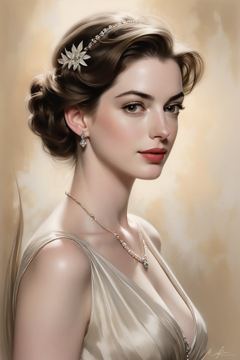 Anne Hathaway's likeness is rendered in exquisite detail on antique paper, as if summoned from the depths of a bygone era. Softly lit by a warm, golden glow, her porcelain complexion glows with an ethereal luminescence. Harrison Fisher's masterful charcoal strokes bring depth and dimension to her features, while ultra-high-quality modeling creates an uncanny sense of realism. The subject's gaze is sharp, focused intently on some distant point, as if lost in thought. In the background, a subtle gradient of shading adds texture and visual interest, drawing the viewer's eye deeper into the composition. Unreal Engine's meticulous rendering has captured every delicate nuance, imbuing this portrait with an otherworldly essence.