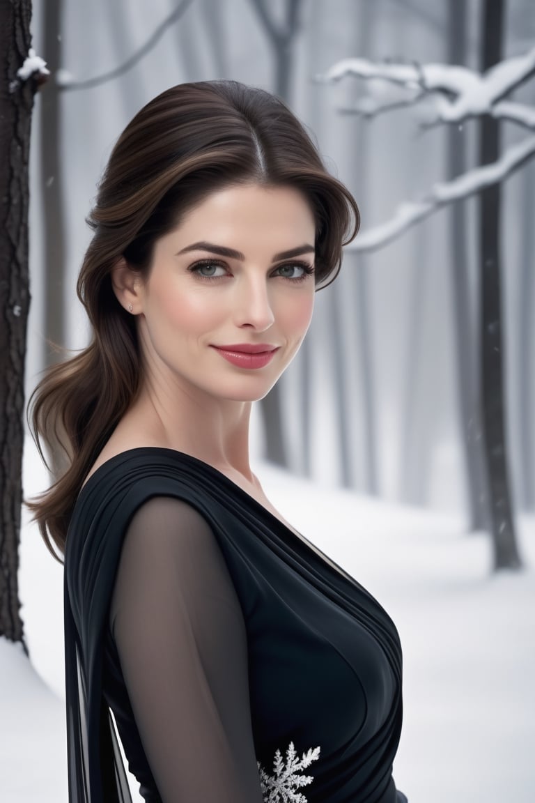 craft a hyper realistic vertical photo of anne hathway, attractive woman in her 40s, sleek, highly detailed, formal,  determined, colorized, smooth, charming, pretty, soft smile, soft lips, black eyes, black saree,  on knees, winter forest, snow wind, cold atmosphere,