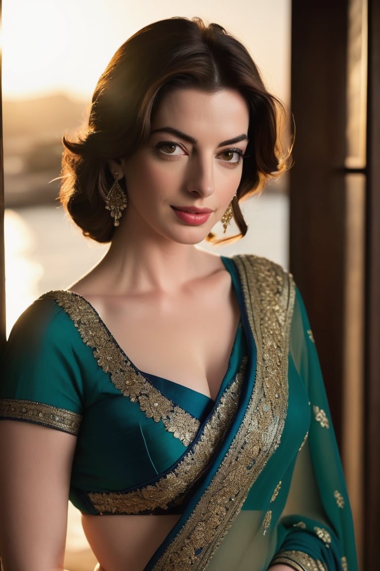 Anne Hathaway-inspired Lebanese woman in a stunning saree, her 36D plus-size bust elegantly showcased. Soft light highlights the natural texture of her skin, while sharp focus captures the perfect symmetry of her eyes. The navel is subtly revealed as she poses with confident elegance. Framed against a high-contrast background, cinematic lighting adds depth and dimension. Shot on Fujifilm XT3 in 8K HDR, this hyperrealistic portrait exudes warmth and sophistication.