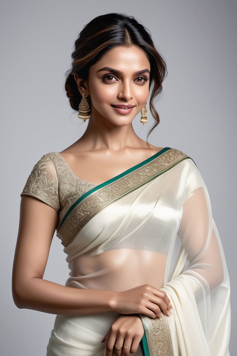 A stunning portrait of Deepika Padukone: a breathtakingly happy Indian woman posing confidently against a clean white background. Her beautiful saree drapes elegantly around her curvy figure, accentuating her 36D bust. Her perfect symmetric eyes sparkle with joy, framed by luscious lashes and set against a soft, natural skin texture. The hyperrealism is so precise that it almost feels three-dimensional. Soft light wraps around her face, highlighting the contours of her features. Shot in 8K HDR on a DSLR camera, the high-contrast image boasts cinematic lighting with subtle film grain, reminiscent of Fujifilm XT3's signature aesthetic.