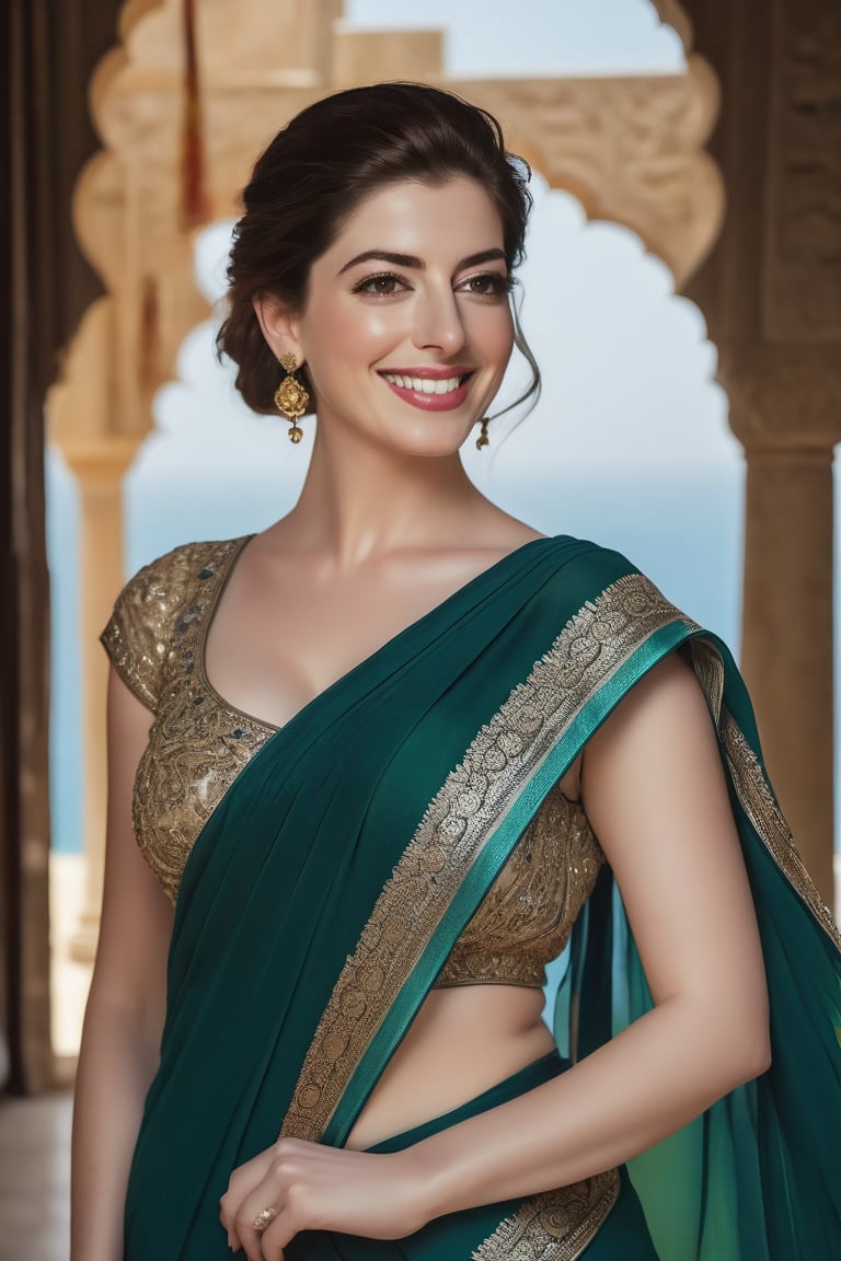 a breathtakingly happy beautiful Lebanon woman Anne hathway, saree, 36D, plus size brest, navel show, perfect symmetric eyes, natural skin texture, hyperrealism, soft light, sharp, 8k hdr, dslr, high contrast, cinematic lighting, high quality, film grain, Fujifilm XT3