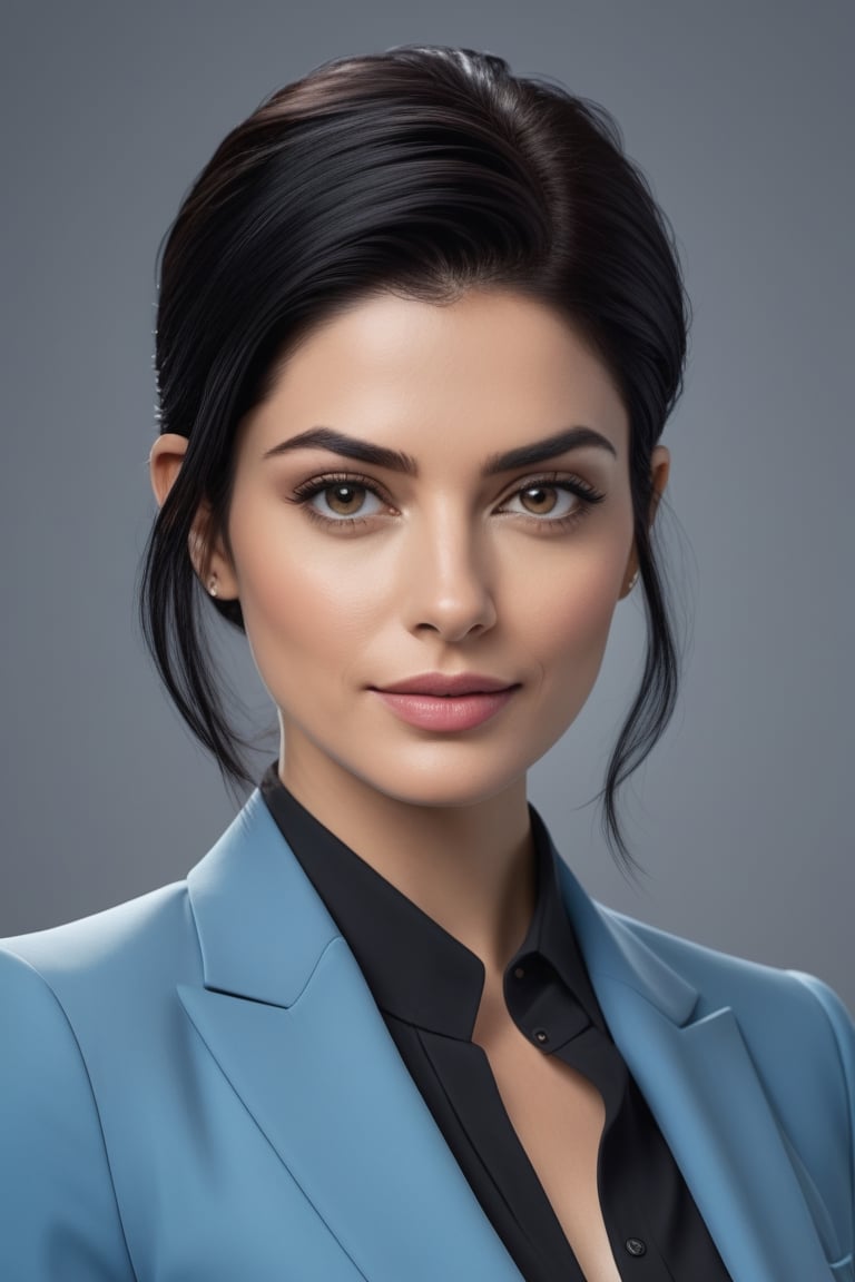 create a hyper realistic vertical photo of Indian most attractive woman in her 40s, Trendsetter wolf cut black hair, , trending on artstation, portrait, digital art, modern, sleek, highly detailed, formal, determined, blue business suit, 36D ,  fairy tone, fair skin, anne hathway
