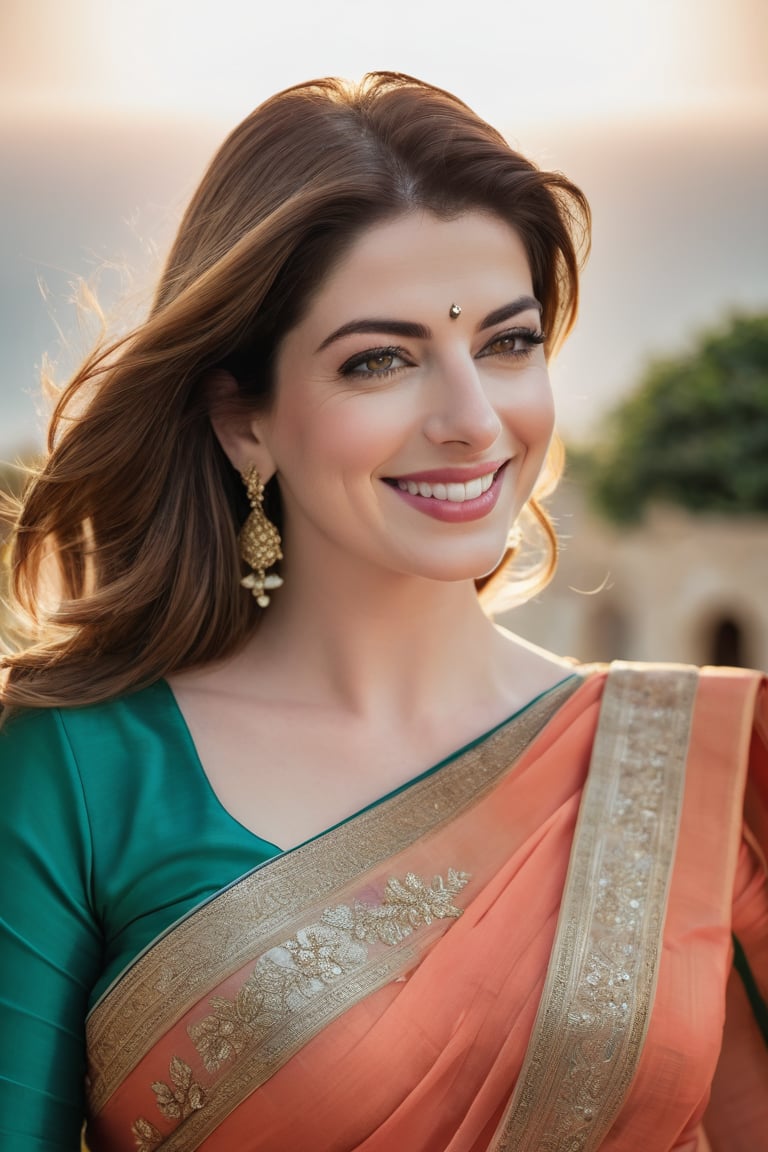 a breathtakingly happy beautiful Lebanon woman Anne hathway, saree, 36D, plus size brest, navel show, perfect symmetric eyes, natural skin texture, hyperrealism, soft light, sharp, 8k hdr, dslr, high contrast, cinematic lighting, high quality, film grain, Fujifilm XT3