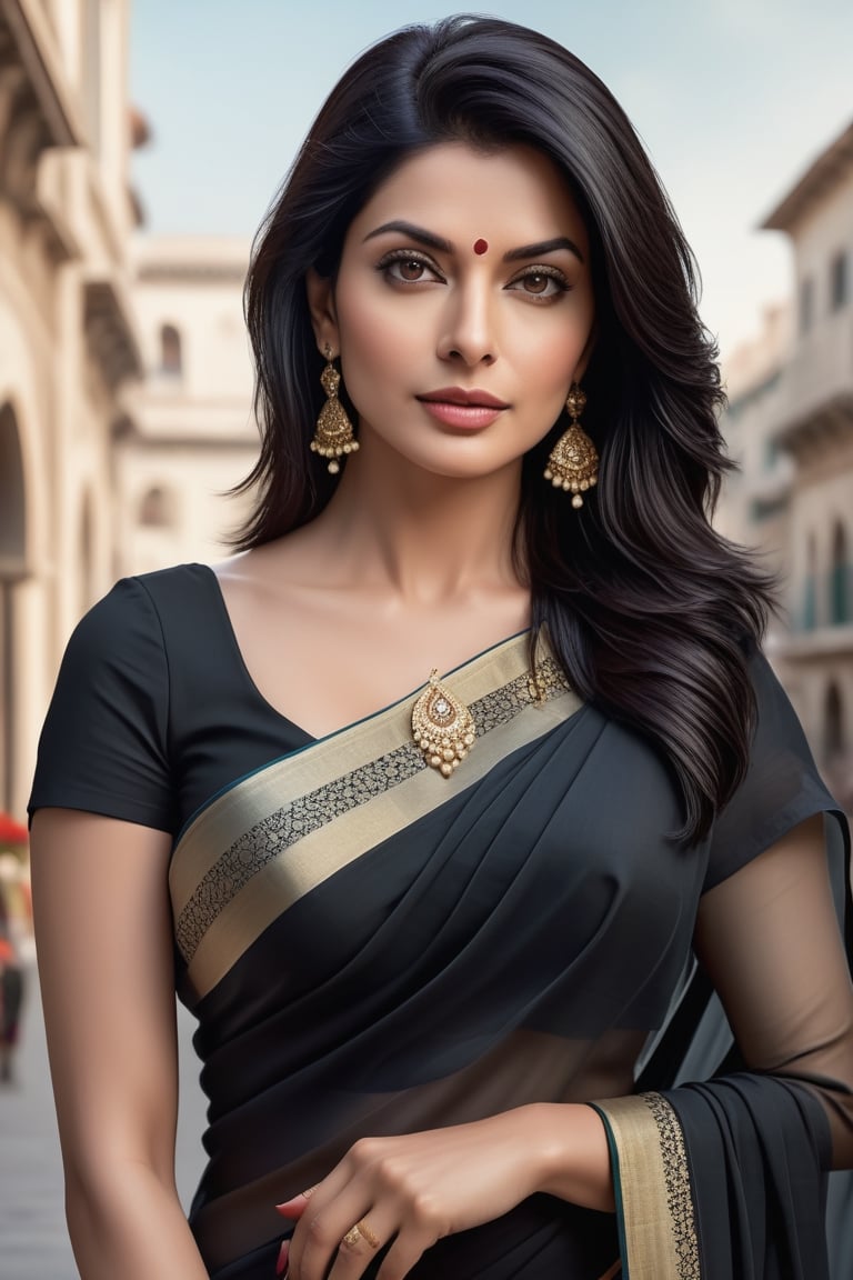 create a hyper realistic vertical photo of Indian most attractive woman in her 40s, Trendsetter wolf cut black hair, trending on artstation, portrait, digital art, modern, sleek, highly detailed, formal, determined, wearing saree, in venisce city france, 36D , fairy tone, fair skin, flirty gaze, anne hathway