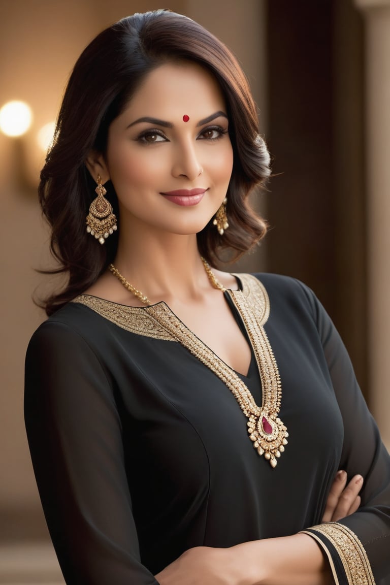 A confident American woman, mid-40s, stands tall with poise and authority, radiating calm confidence under pale light. Her striking features are accentuated by soft illumination, framing her heart-shaped face with luscious bobbed hair. A sleek black salwar kameez hugs her curves, highlighting her stunning figure. Her polished onyx eyes sparkle with intensity, framed by subtle smile and smooth skin glowing with gentle warmth. Delicate necklace adds understated elegance as she stands tall, exuding determination and leadership.