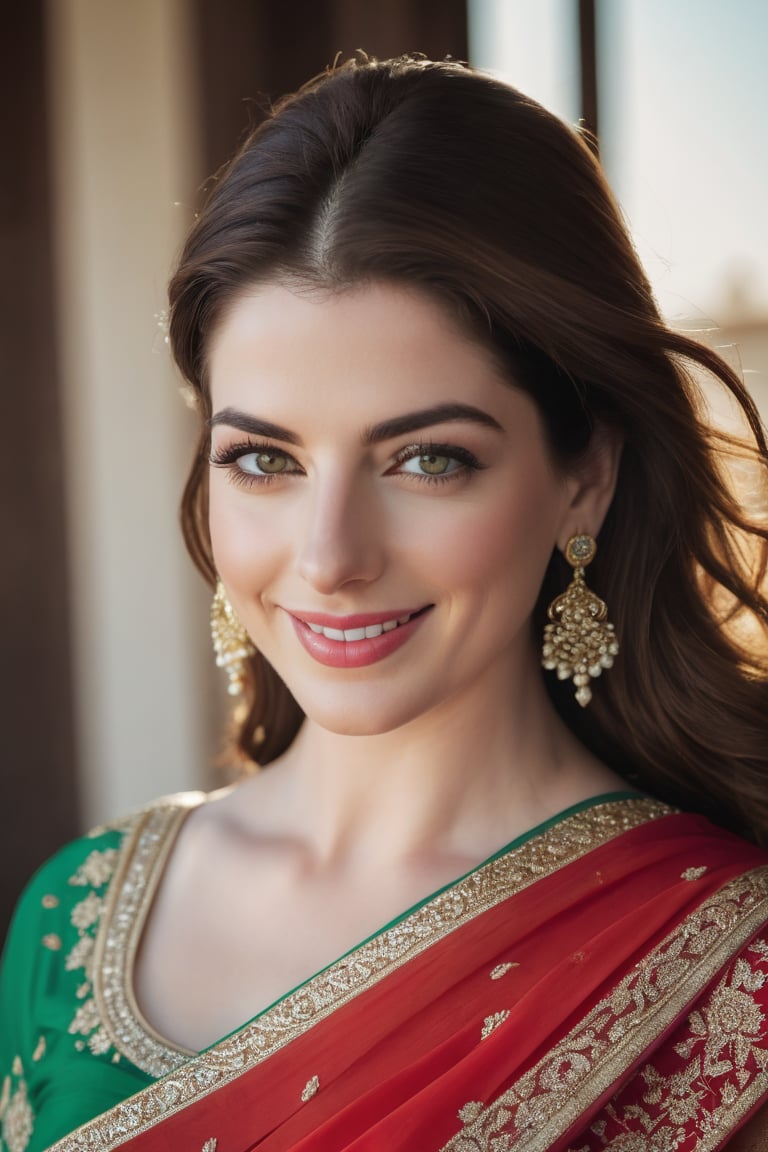 a breathtakingly happy beautiful Lebanon woman Anne hathway, saree, 36D, plus size brest, navel show, perfect symmetric eyes, natural skin texture, hyperrealism, soft light, sharp, 8k hdr, dslr, high contrast, cinematic lighting, high quality, film grain, Fujifilm XT3