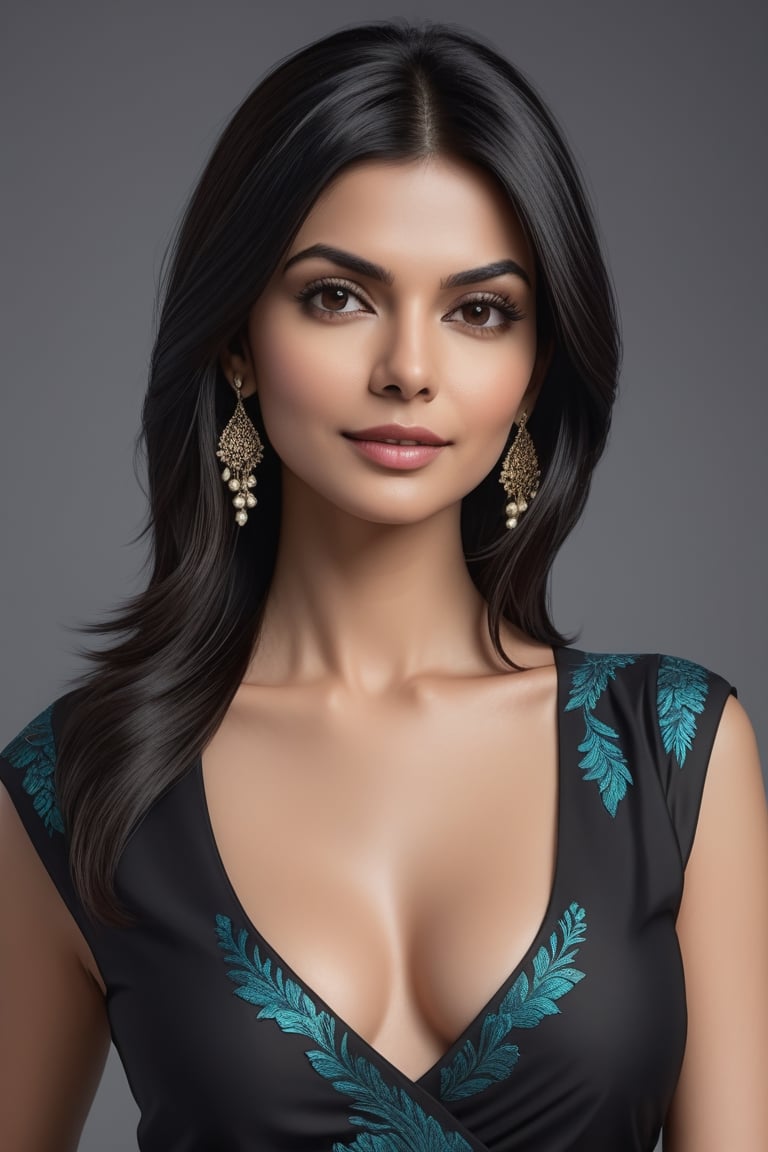 create a hyper realistic vertical photo of most attractive Indian woman in her 40s, Trendsetter wolf cut black hair, trending on artstation, portrait, digital art, modern, sleek, highly detailed, formal, determined, 36D ,  fairy tone, saree, navel show, Victoria Justice


