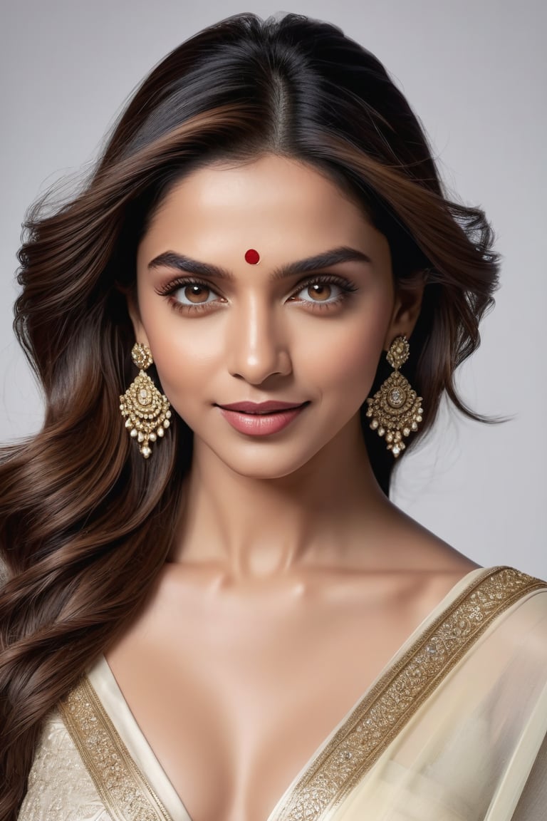 A stunning portrait of Deepika Padukone: a breathtakingly happy Indian woman posing confidently against a clean white background. Her beautiful saree drapes elegantly around her curvy figure, accentuating her 36D bust. Her perfect symmetric eyes sparkle with joy, framed by luscious lashes and set against a soft, natural skin texture. The hyperrealism is so precise that it almost feels three-dimensional. Soft light wraps around her face, highlighting the contours of her features. Shot in 8K HDR on a DSLR camera, the high-contrast image boasts cinematic lighting with subtle film grain, reminiscent of Fujifilm XT3's signature aesthetic.