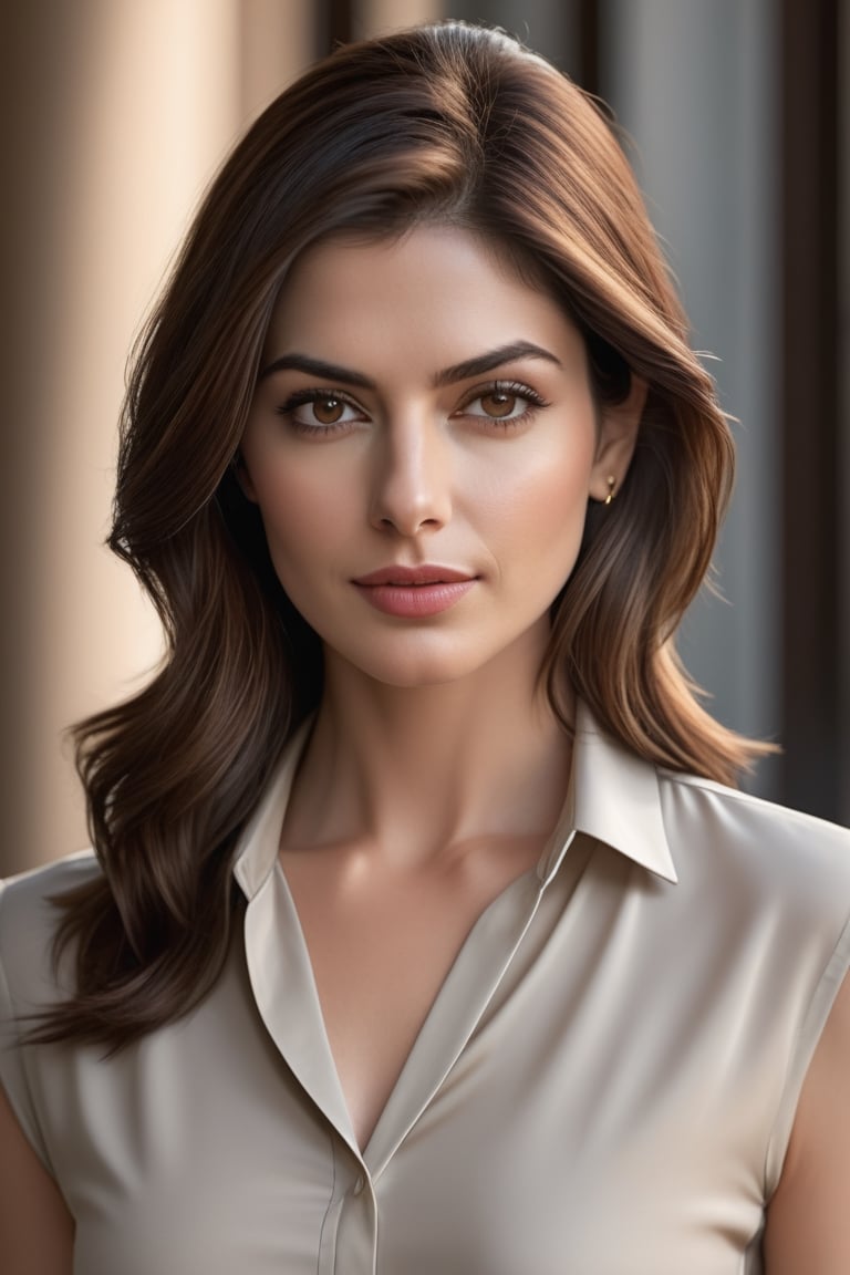 craft a hyper realistic vertical photo of Indian most attractive serious woman in her 30s in sun-shirt Dresses, trending on artstation, portrait, digital art, modern, sleek, highly detailed, formal, serious, determined, CEO, colorized, smooth, charming, pretty, soft smile, soft lips, black eyes, Trendsetter wolf cut brown hair, anne hathway,