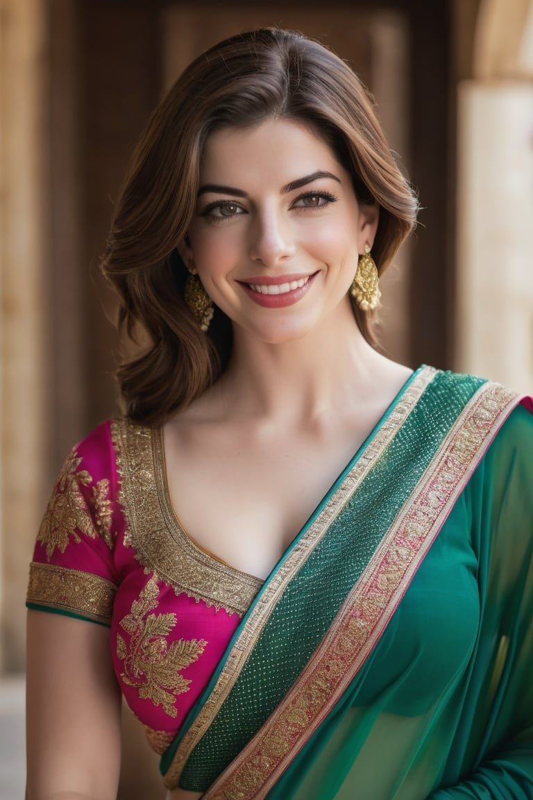 a breathtakingly happy beautiful Lebanon woman Anne hathway, saree, 36D, plus size brest, navel show, perfect symmetric eyes, natural skin texture, hyperrealism, soft light, sharp, 8k hdr, dslr, high contrast, cinematic lighting, high quality, film grain, Fujifilm XT3