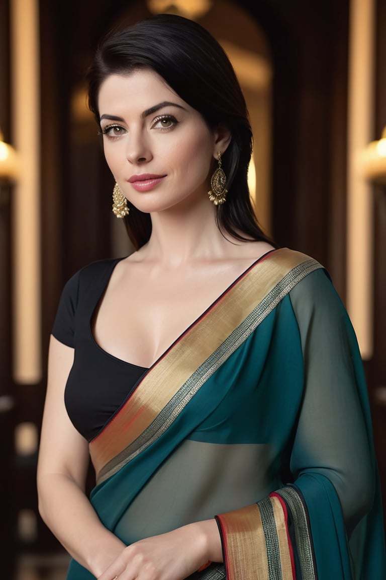 create a hyper realistic vertical photo of Caucasian most attractive woman in her 30s, Trendsetter wolf cut black hair, trending on artstation, portrait,perfect symmetric eyes, natural skin texture, hyperrealism, soft light, sharp, 8k hdr, dslr, high contrast, cinematic lighting, high quality, film grain, Fujifilm XT3, wearing saree, no blouse, in luxurious Villa, 36D , fairy tone, fair skin, flirty gaze, anne hathway