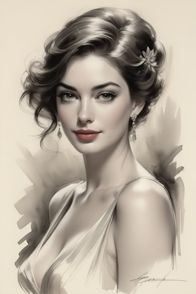 A majestic portrait of a stunning Russian woman, reminiscent of Anne Hathaway's elegance, rendered in exquisite black charcoal on aged paper. Harrison Fisher's masterful touch brings forth intricate details, as if Unreal Engine had crafted the ultra-high quality model. Her features are sharp-focused, with a shallow depth of field, drawing the viewer's gaze to her captivating beauty.