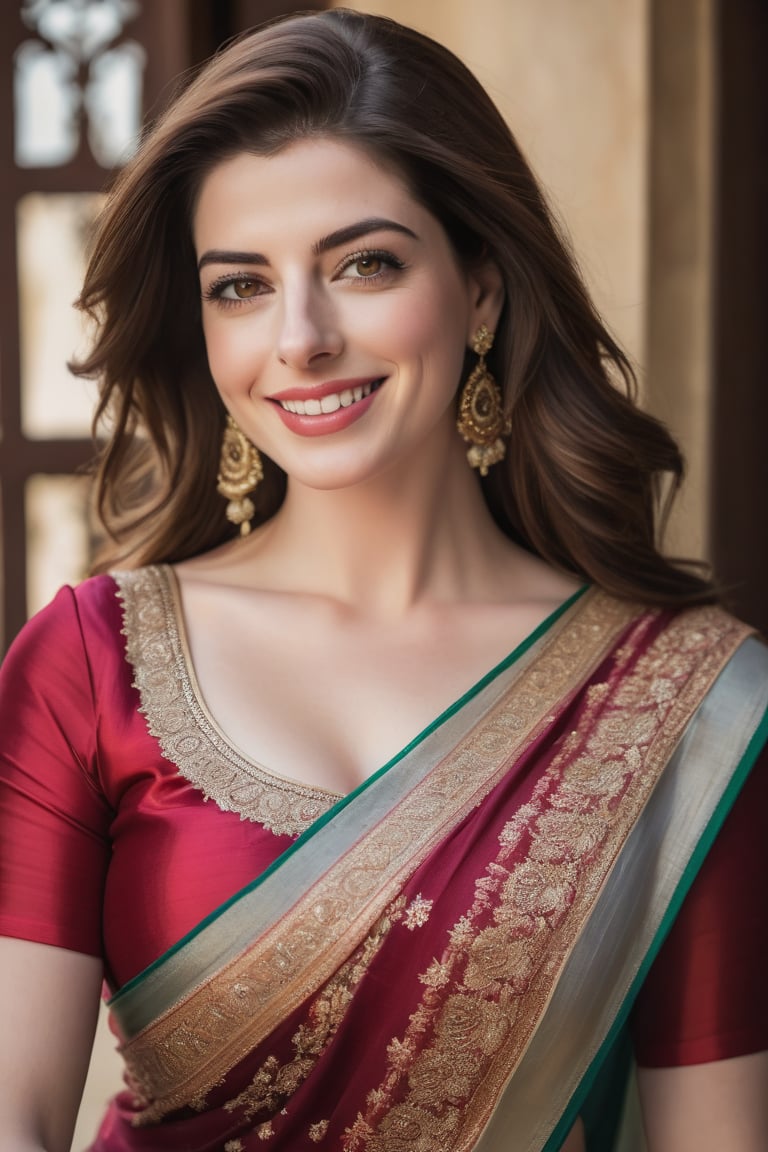 a breathtakingly happy beautiful Lebanon woman Anne hathway, saree, 36D, plus size brest, navel show, perfect symmetric eyes, natural skin texture, hyperrealism, soft light, sharp, 8k hdr, dslr, high contrast, cinematic lighting, high quality, film grain, Fujifilm XT3