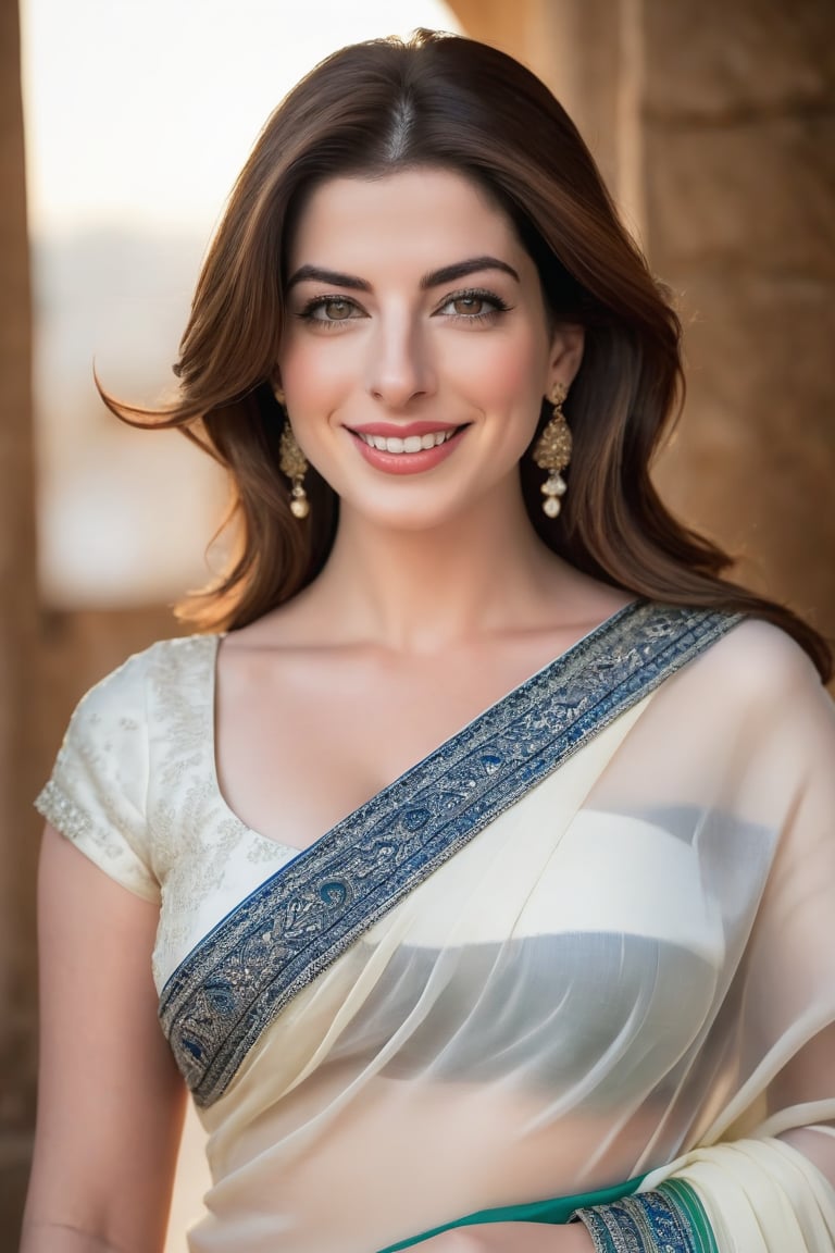 a breathtakingly happy beautiful Lebanon woman Anne hathway, saree, 36D, plus size brest, navel show, perfect symmetric eyes, natural skin texture, hyperrealism, soft light, sharp, 8k hdr, dslr, high contrast, cinematic lighting, high quality, film grain, Fujifilm XT3