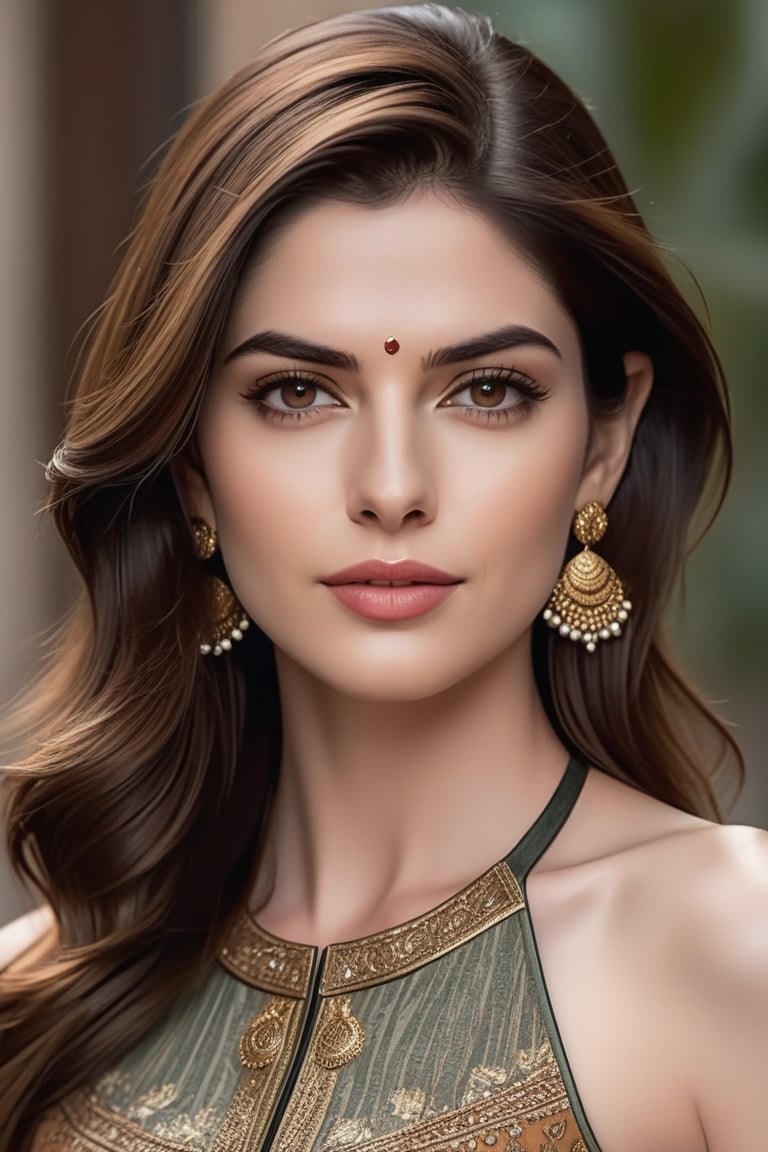 craft a hyper realistic vertical photo of Indian most attractive serious woman in her 30s in sun-shirt Dresses, trending on artstation, portrait, digital art, modern, sleek, highly detailed, formal, serious, determined, CEO, colorized, smooth, charming, pretty, soft smile, soft lips, black eyes, Trendsetter wolf cut brown hair, anne hathway,