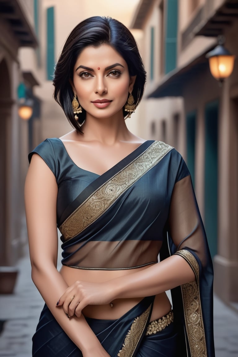 create a hyper realistic vertical photo of Indian most attractive woman in her 40s, Trendsetter wolf cut black hair, trending on artstation, portrait, digital art, modern, sleek, highly detailed, formal, determined, wearing saree, in venisce city france, 36D , fairy tone, fair skin, flirty gaze, anne hathway