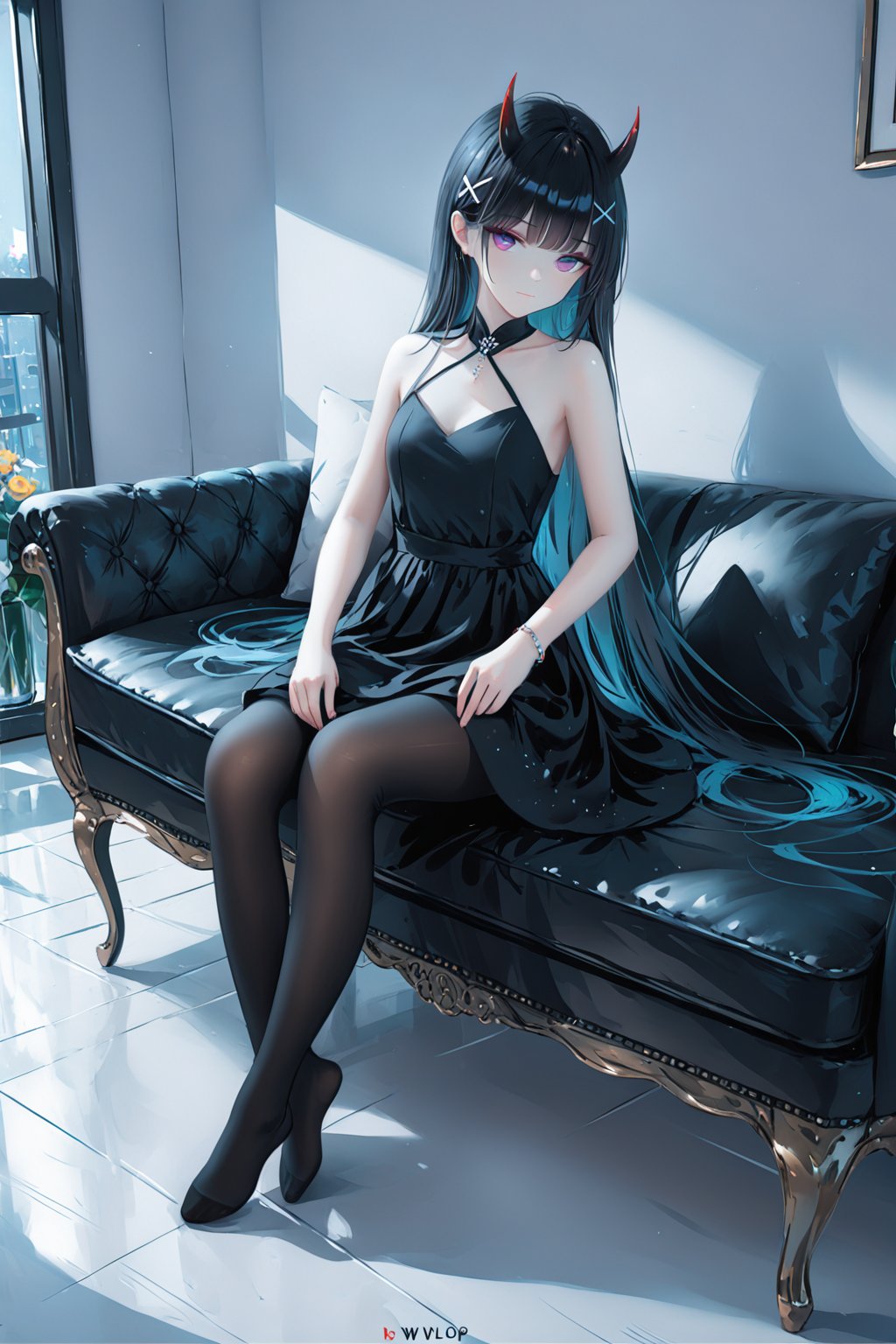 (masterpiece), (best quality), illustration, ultra detailed, hdr, Depth of field, (colorful),[wlop],[[sheya]],hiten_(hitenkei),1girl, oni horns, solo, pantyhose, long hair, horns, purple eyes, black hair, black pantyhose, feet, very long hair, sleeveless, sleeveless dress, sitting, looking at viewer, dress, black dress, full body, indoors, no shoes, x hair ornament, bangs, toes, couch, blunt bangs, official alternate costume, hair ornament, bare shoulders, jewelry, on couch, closed mouth, bracelet