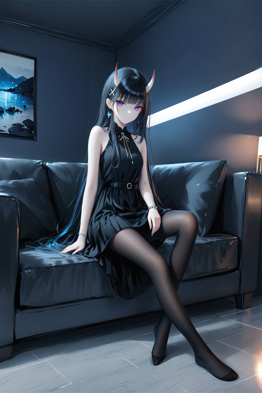 (masterpiece), (best quality), illustration, ultra detailed, hdr, Depth of field, (colorful),[wlop],[[sheya]],hiten_(hitenkei),1girl, oni horns, solo, pantyhose, long hair, horns, purple eyes, black hair, black pantyhose, feet, very long hair, sleeveless, sleeveless dress, sitting, looking at viewer, dress, black dress, full body, indoors, no shoes, x hair ornament, bangs, toes, couch, blunt bangs, official alternate costume, hair ornament, bare shoulders, jewelry, on couch, closed mouth, bracelet