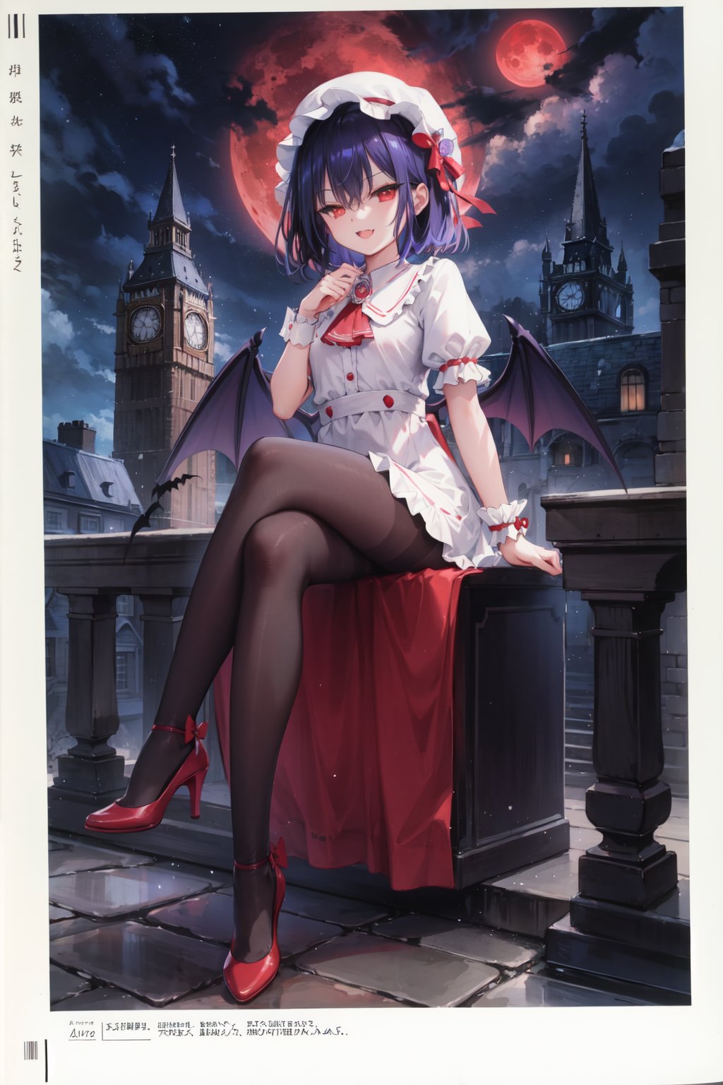 1girl, solo, wings, remilia scarlet, red eyes, hat, mob cap, moon, bat wings, bat \(animal\), crossed legs, high heels, looking at viewer, red footwear, short sleeves, short hair, puffy sleeves, ribbon, dress, blue hair, wrist cuffs, pantyhose, puffy short sleeves, hat ribbon, red ribbon, black pantyhose, sitting, ascot, frills, full moon, red bow, red moon, open mouth, bow, night, smile, fang, scarlet devil mansion, frilled shirt collar, full body, frilled sleeves, sky, purple hair, outdoors, red ascot, hair between eyes, clock tower, white dress, bangs