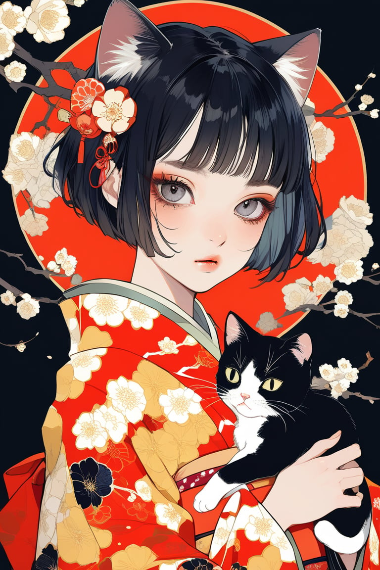 Aesthetic art,2d,dal-3, 1girl, solo,short bob cut hair, black hair, blunt bangs, animal cat ears,round eyebrows, japanese clothes,wide sleeves, kimono,vertical pupil black eyes, makeup,half-closed eyes, floral print, cat,absurdres