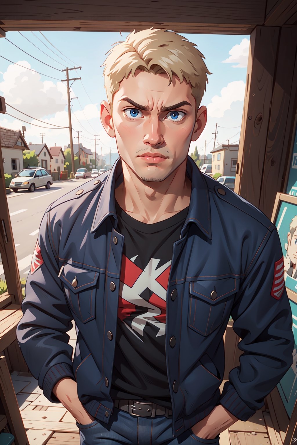 (masterpiece), best quality, raw photo, 1boy, Reiner Braun, blue eyes, jeans, black Jacket, looking_at_viewer, extremely detailed. 